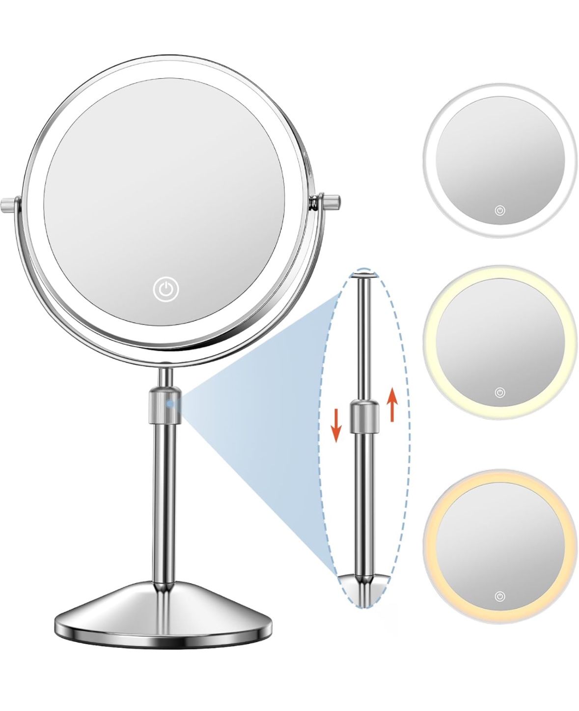 Vanity Mirror with Lights 7" Rechargeable 1x/10x Lighted Makeup Mirror Adjustable Height Double Sided Mirror with Lights 360°Rotating Makeup Mirror