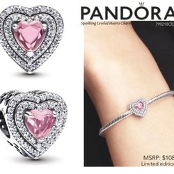 PANDORA Sparkling Leveled Pink Hearts Charm w/box