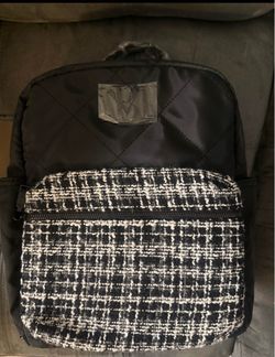 Black Quilted Backpack with Tweed Front Pocket