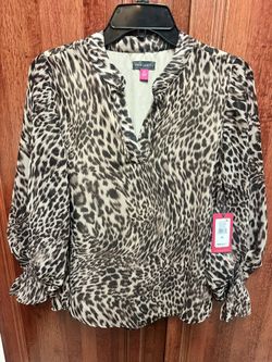 Vince Camuto Animal Print Split-Neck Blouse - Black & Cream Size XS