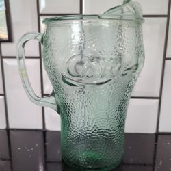 Coca-Cola Green Pebbled Dimple Glass Pitcher Ice Lip Handle 64oz Vintage