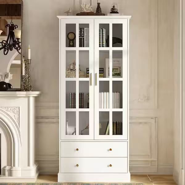 Bookcase with Glass Doors, Wooden Display Cabinet with 4-Tier Shelf & 2 Drawers white $150 