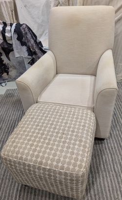 Beautiful Cream Color Comfort Roll Arm With Beige And Tan Upholstery Square Ottoman.