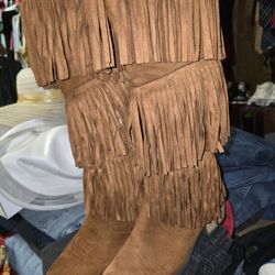 Brown Fringed Suede Boots Womans Size 8