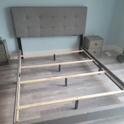 Queen Size Bed Frame With Grey Headboard 