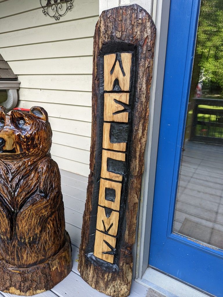 White Oak Chainsaw Carved 4ft Welcome Sign