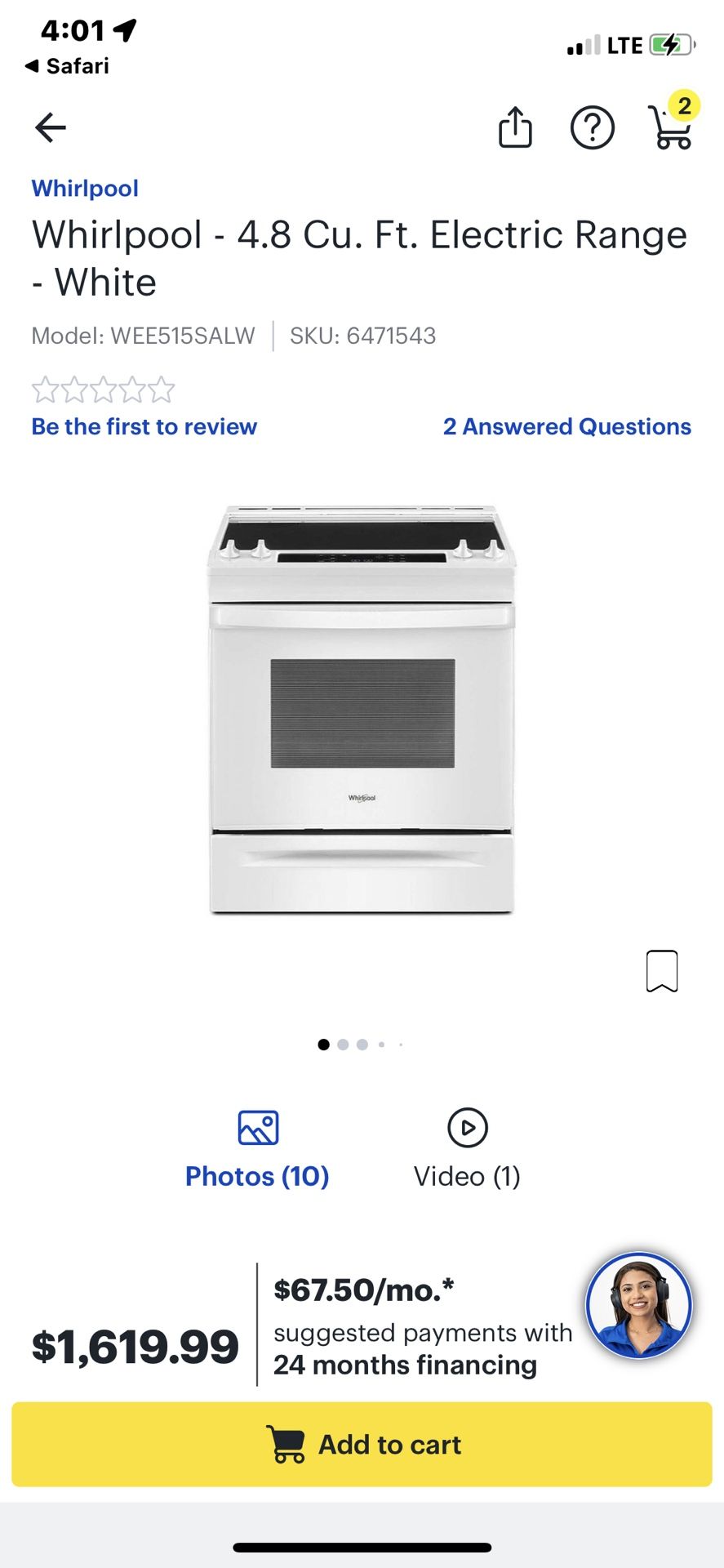 NEW WHIRLPOOL 4.8cu ft ELECTRIC RANGE IN BOX WITH FACTORY WARRANTY 11/11/23