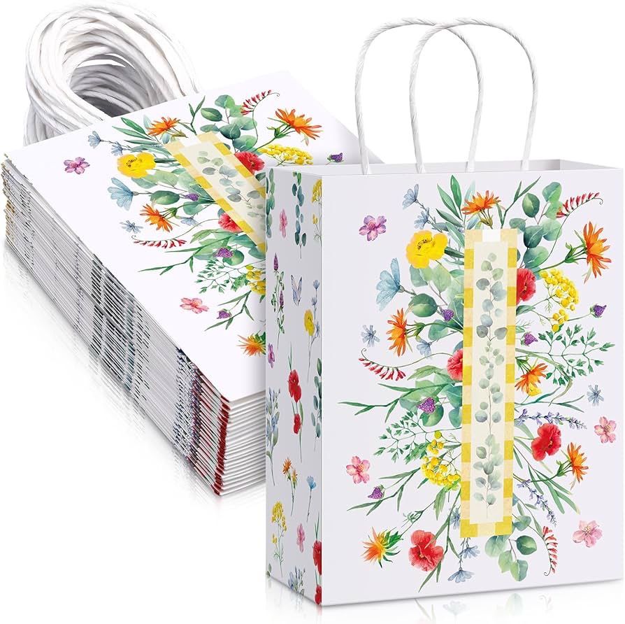 Chiisong 24 Pcs Wildflower Eucalyptus Leaves Gift Bags Floral Paper Gift Bags with Handles Medium Spring Summer Paper Gift Bags for Mothers Day Birthd