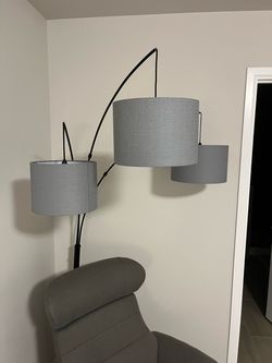 3-Light Arc Floor Lamp with Gray Drum Shades