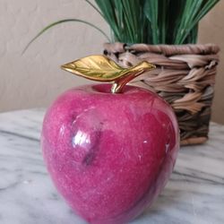 $12 Apple Paperweight Red Pink Alabaster Marble, Brass Stem and Leaf 3 1/2"