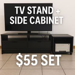 Black TV Stand with Storage + Rolling Side Cabinet