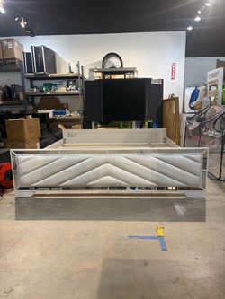 King Bed Frame with Mirrored Chevron Upholstered Footboard, No Headboard – White, Fully Assembled