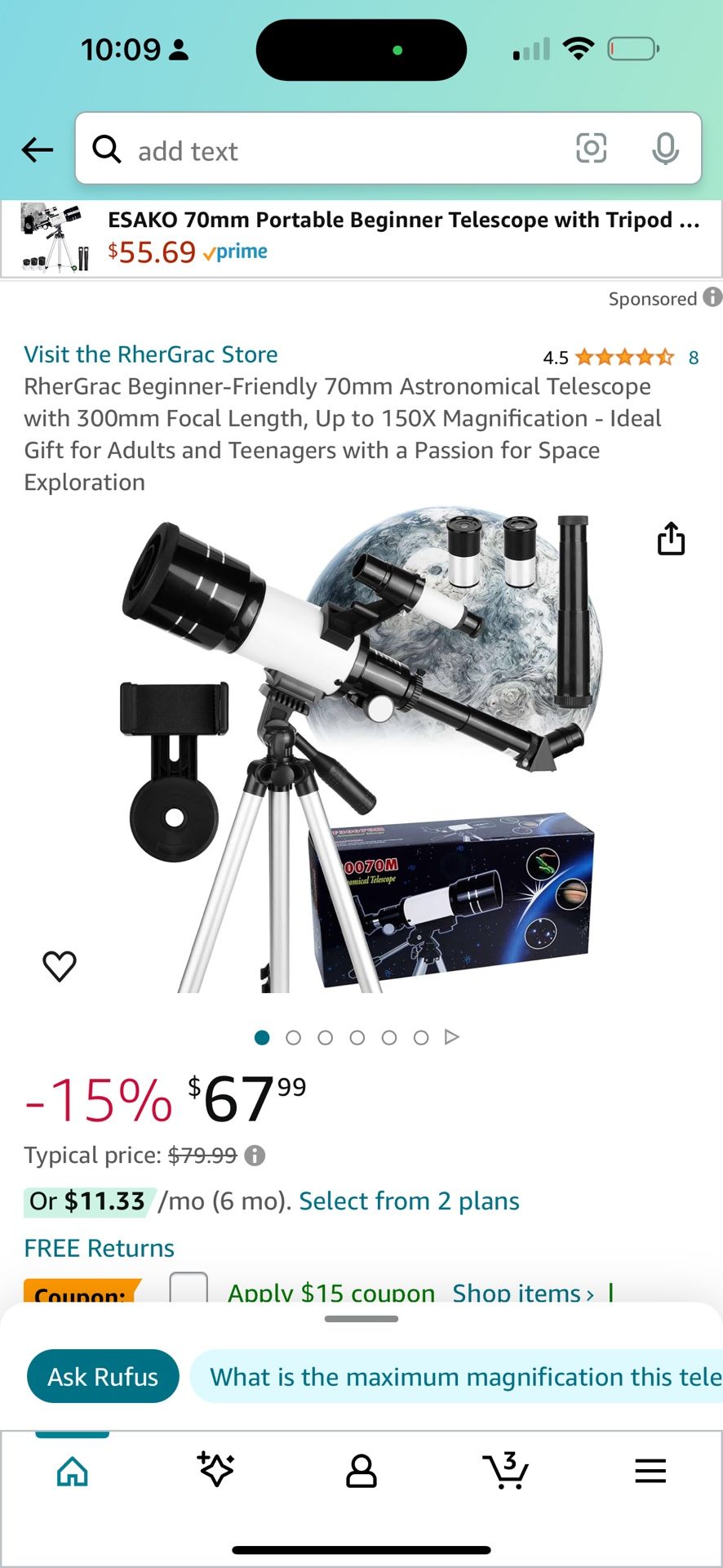 RherGrac Beginner Friendly 70mm Astronomical Telescope with 300mm Focal Length Up to 150X Magnification Ideal Gift for Adults and Teenagers with a