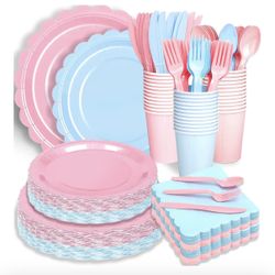 Pink & Blue Party Supplies For 52 Guests Paper Plates & Napkins Knives Spoons Forks Cups - NEW
