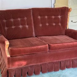 Vintage 1970s Danish Highback Chairs & Loveseat Set – Cherry Red Velour & Ash Wood