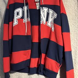 VS PINK RED & BLUE STRIPED FULL ZIP HOODIE