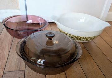 $10-$40 each, vintage Pyrex Corning glass mixing bowls amber brown casserole dish made in USA