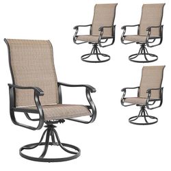 Patio Swivel Chairs Set of 4, Outdoor Swivel Rocker Dining Chairs with All Weather Textilene High Back & Metal Frame, for Backyard Deck Lawn, Brown