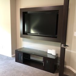 Modern TV Stand Console - Real Wood With Glass Top And Shelves 