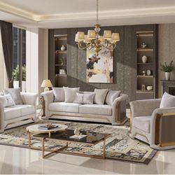 3PCS SOFA SET METALLIC TAUPE (F) TWO TONE COLOR IN WOOD AND GOLD FRAME  $2599  