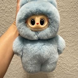 Rabbit Fur Handmade Labubu Plush Doll Keychain Bag Pendant  large baby blue