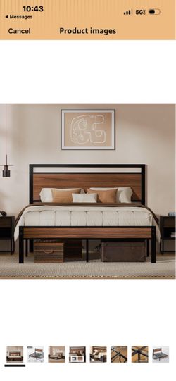 Queen Metal Bed Frame&Wooden Headboard&Footboard,No Box Spring,Walnut Heavy Duty &Metal Slats,No Box Spring Needed,Quiet&Non-Slip Design,Space Saving 