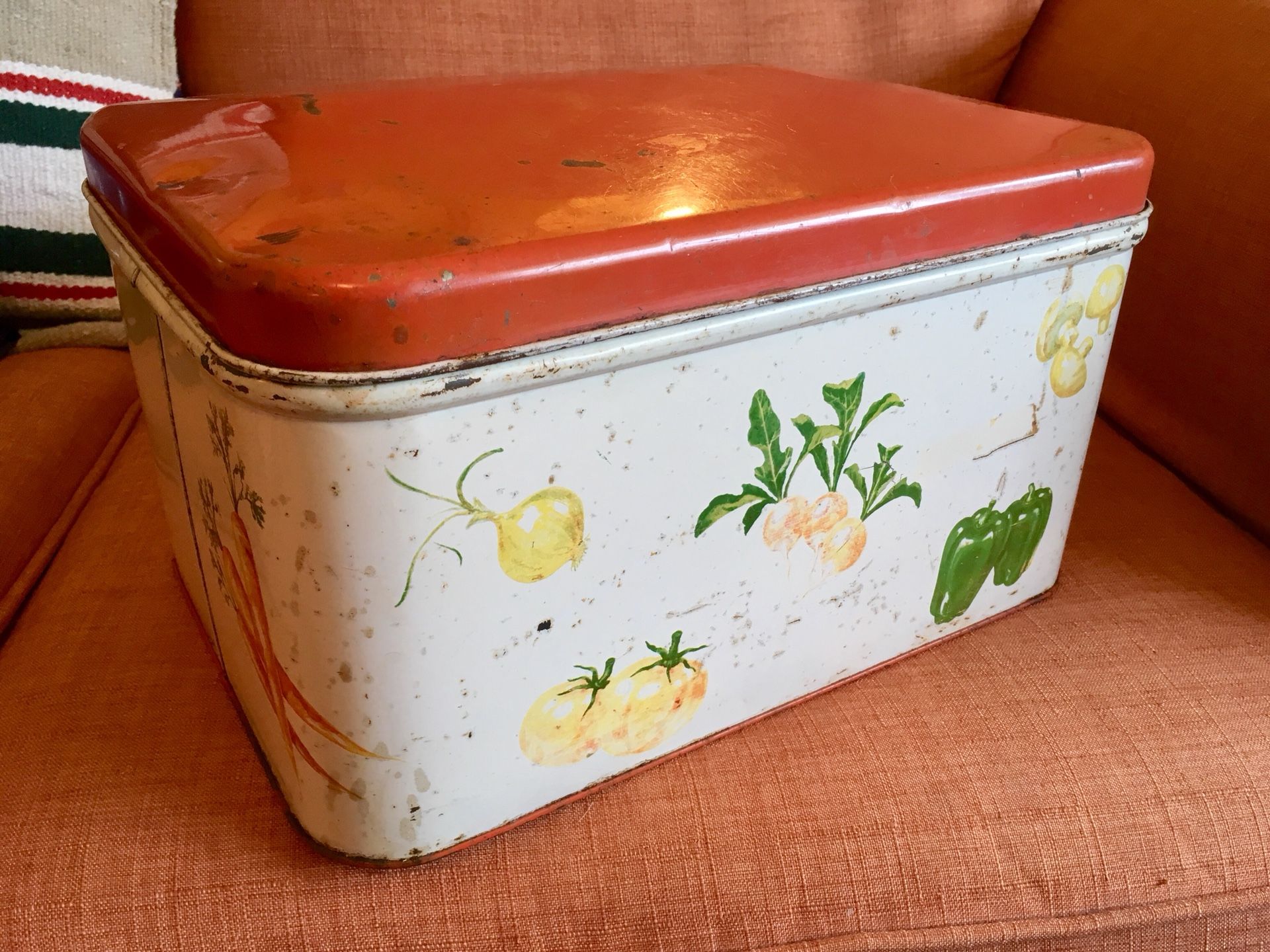 Vintage Decoware Metal Bread Box- Hinged Lid- Very Cool Vegetables Motif- Unique!