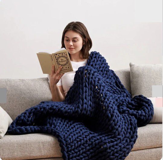 Bearable Organic Cotton Chunk-Knitted Midnight Blue Napper Weighted Blanket NWT