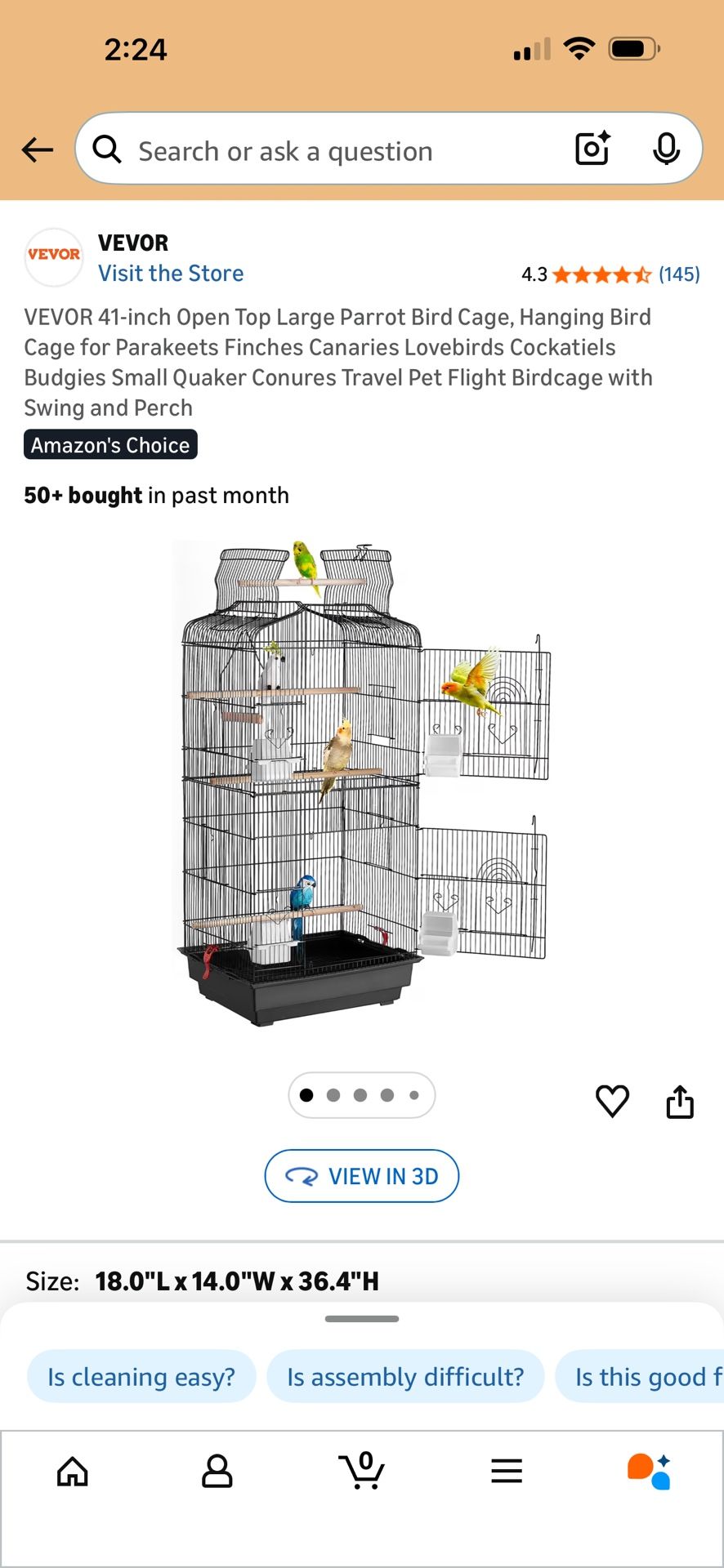 VEVOR 41-inch Open Top Large Parrot Bird Cage, Hanging Bird Cage for Parakeets Finches Canaries Lovebirds Cockatiels Budgies Small Quaker Conures Trav