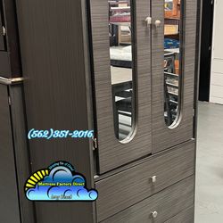 Grey Wooden Tall Wardrobe With Mirror And Three Drawers 