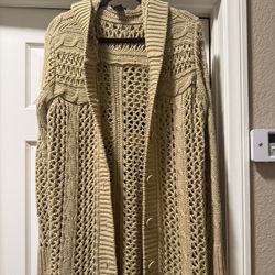 Brown Crochet Long Cardigan W Hood & Buttons 