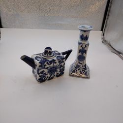 Beautiful Blue And White Tea Pot And Candle Stick Holder