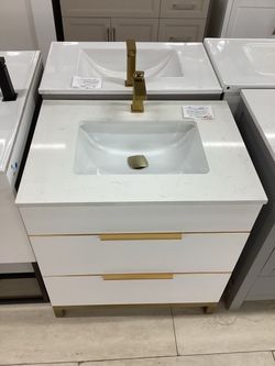 30” bathroom vanity cabinet in white color solid wood fully assembled Softclose drawers with Quartz top sink attached ready for pick up today