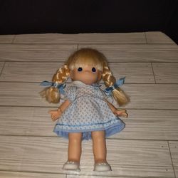 Precious Moments Vintage 1992 Doll Blonde Hair & Pig Tails In Blue Dress 10in