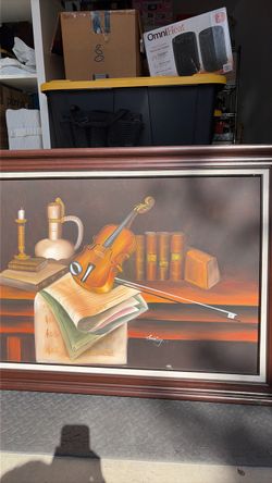 Framed Still Life Oil Painting with Violin