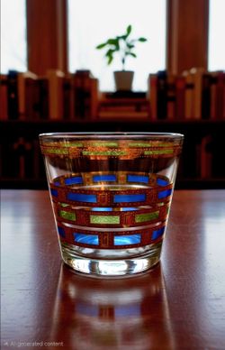 MCM Culver Empress pattern ice bucket blue&green geometric stripes 22-karat gold. 5"×6"