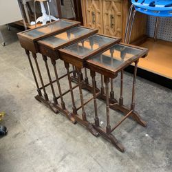 Vintage Brandt Furniture Set 4 Nesting Table Glass Top Turned Spindle Leg Stack Very Good Condition 