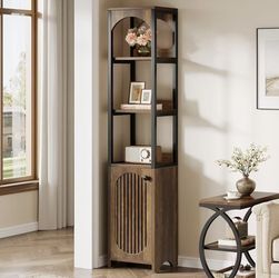 RR0009 6-Tier Bookcase, 71.65" Tall Narrow Bookshelf with Louvered Door Cabinet, Industrial Freestanding Corner Storage Display Shelf for Bedroom, Liv