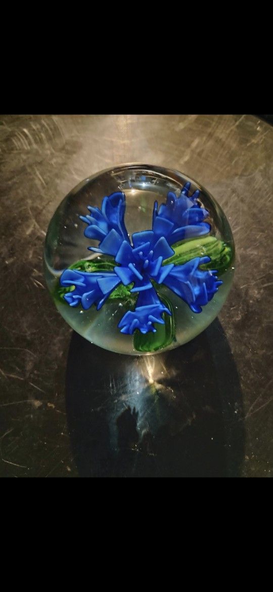Art Deco Glass Paperweight 3x3" Blue & Green Multi Petal Flower and Rose