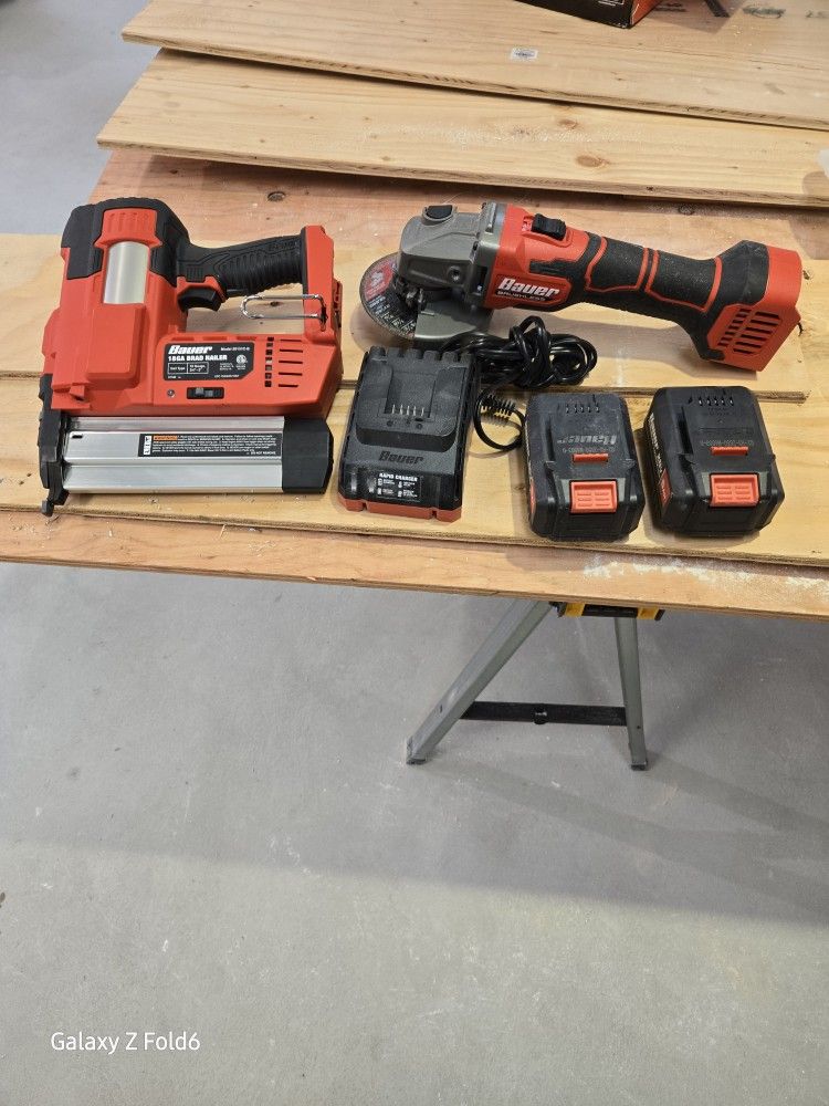 Bauer 18 Gauge Nail Gun 20 Volt Grinder 2 Batterys And Charger Like New