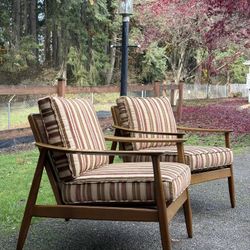 1960s Fumed Oak Folke Ohlsson for Dux Linen Lounge Chair W/ Cane Back