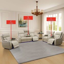 SALE🚀3 Pcs Beige  Power Recliner W/Led lights / 8 Cup Holders / USB Ports