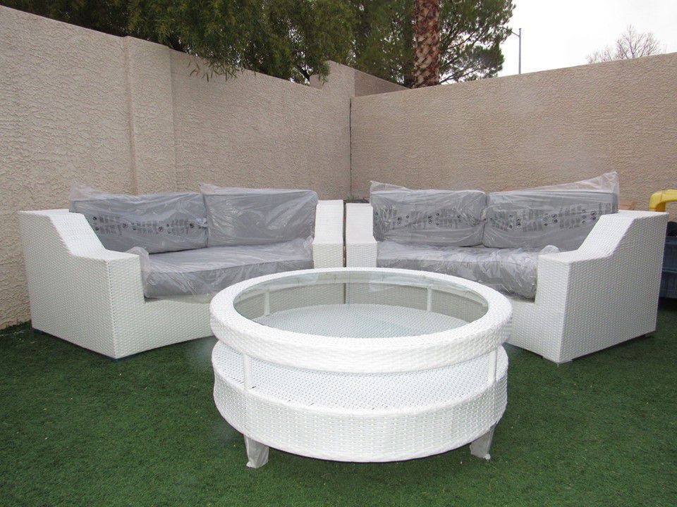 White & Gray Outdoor Wicker Patio Furniture Sectional Sofa Round