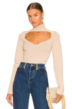 Nanushka Fah Cut-Out Knit Light Beige Turtleneck Top Small 