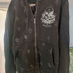 Vintage Express Mens Hoody - Fleur De Lis and Skull Motif Distressed Look Large