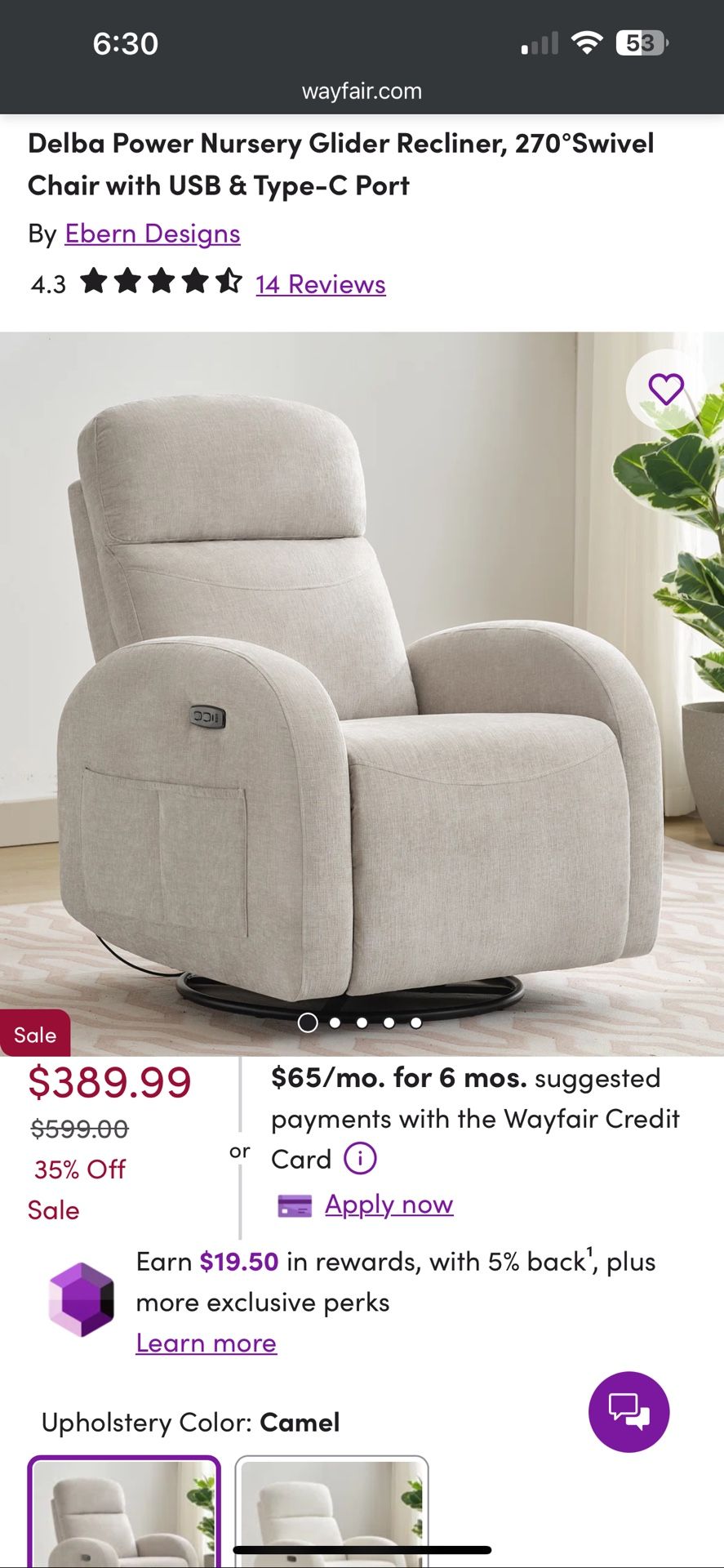 Delba Power Nursery Glider Recliner, 270°Swivel Chair with USB & Type-C Port