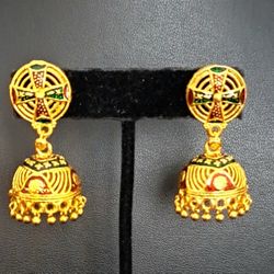 Indian Jhumka Red And Green Earrings