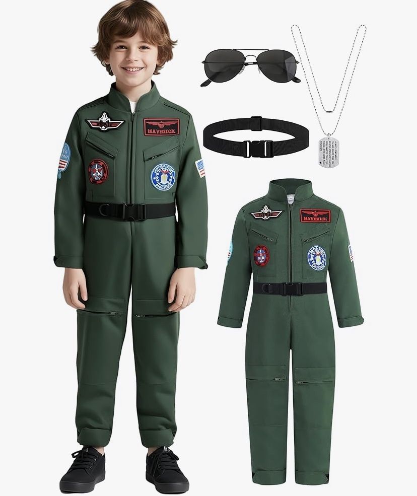 Fighter Pilot Costume for Kids Air Force Flight Suit Cosplay Halloween with Accessories Set