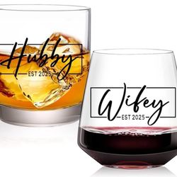 Gifts for Couples,Hubby & Wifey EST 2024 Wedding Glass Set,Bridal Shower Gifts,Unique Gift for Wedding, Newly-Married Anniversary for Him/Her Mother F