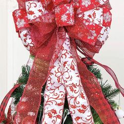 Christmas Tree Topper 12x31.5 Inches Large Decorative Bow with Streamer Wired Edgefor Xmas Decorations Home Decor with Packaging Single Side (Red)